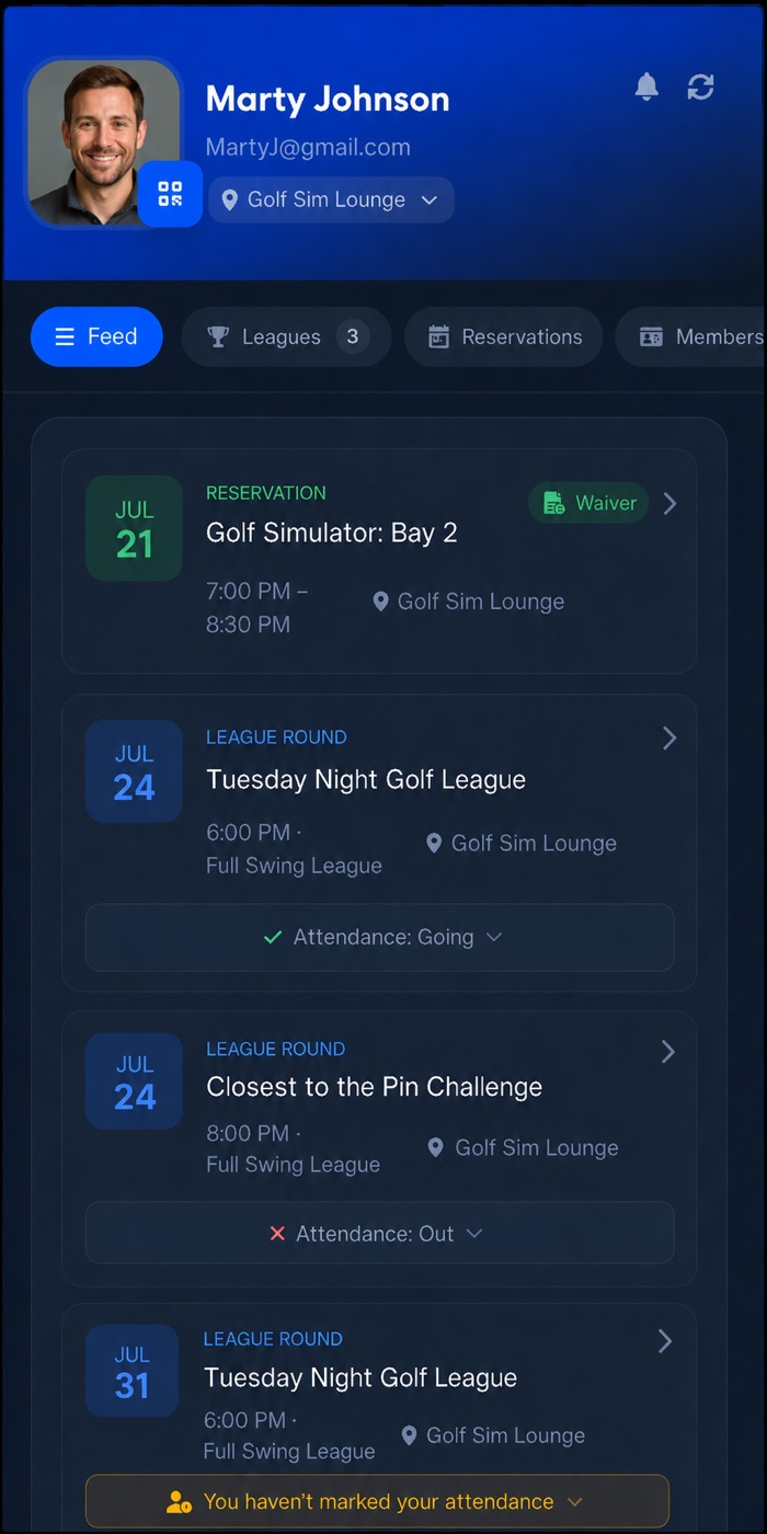 Sports Carnival member app for a golf simulator venue, showing a bay reservation, league rounds, and attendance tracking